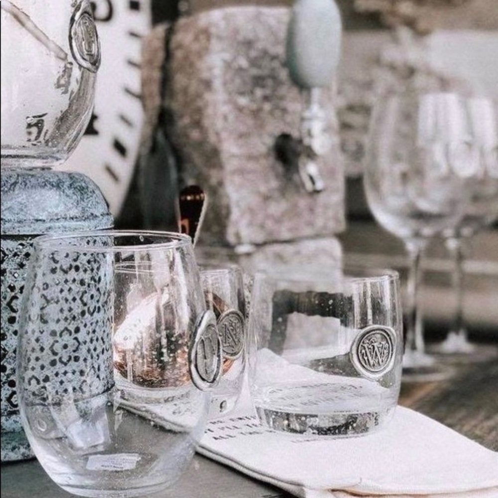 NEW 6 “D” Pewter Stamped Stemless Wine Glasses